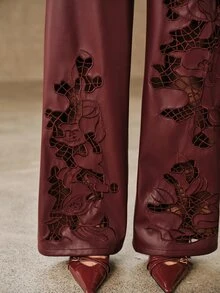 Anewsta Women's PU Leather Burgundy Hollow Embroidery Long Pants - Burgundy - View 2