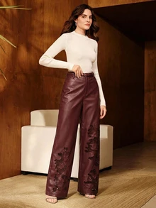 Anewsta Women's PU Leather Burgundy Hollow Embroidery Long Pants - Burgundy - View 4