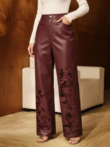 Anewsta Women's PU Leather Burgundy Hollow Embroidery Long Pants - Burgundy - View 3