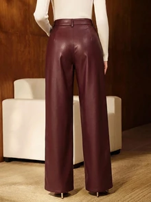 Anewsta Women's PU Leather Burgundy Hollow Embroidery Long Pants - Burgundy - View 6