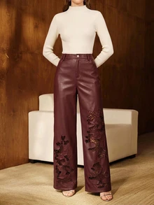 Anewsta Women's PU Leather Burgundy Hollow Embroidery Long Pants - Burgundy - View 5