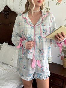 CottageSlumber طقم بيجامة نسائي مقاس كبير بطبعة زهور ريفية رومانسية وأوراق وقلوب وخطوط، بياقة وأزرار أمامية وحواف متباينة وتصميم فيونكة - متعدد الألوان - مشاهدة 4