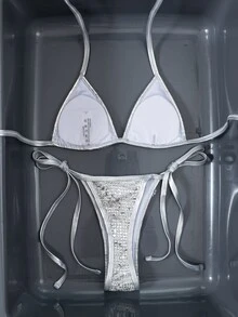 SHEIN Swim 2026熱銷掛脖亮片珍珠貝殼箔面網格微三角比基尼泳衣套裝 性感海灘裝 派對銀色亮片夏季款 - 白色 - 查看 5