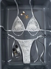 SHEIN Swim 2026熱銷掛脖亮片珍珠貝殼箔面網格微三角比基尼泳衣套裝 性感海灘裝 派對銀色亮片夏季款 - 白色 - 查看 3