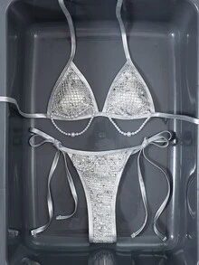 SHEIN Swim 2026熱銷掛脖亮片珍珠貝殼箔面網格微三角比基尼泳衣套裝 性感海灘裝 派對銀色亮片夏季款 - 白色 - 查看 6