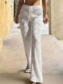 Swim Vcay Summer Beach Drawstring Waist Pointelle Knit Cover Up Pants - White - View 6