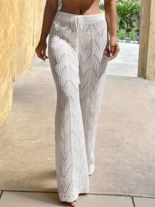 Swim Vcay Summer Beach Drawstring Waist Pointelle Knit Cover Up Pants - White - View 5