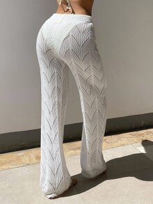 Swim Vcay Summer Beach Drawstring Waist Pointelle Knit Cover Up Pants - White - View 7