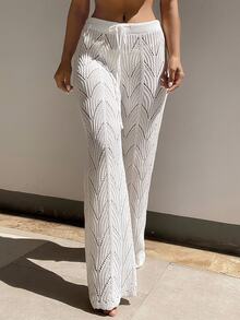 Swim Vcay Summer Beach Drawstring Waist Pointelle Knit Cover Up Pants - White - View 3