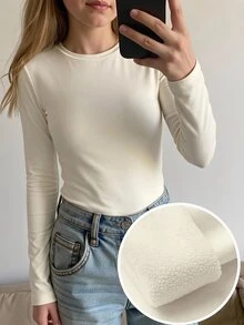 SHEIN Sparklyn 青少年女孩冬季抓絨上衣 極簡可愛百搭保暖 棕色/黑色/白色 修身長袖圓領休閒T恤 適合學校與六年級學生 - 白色 - 查看 3