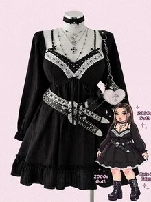 Sunspun Plus Size Women's Casual Commute Minimalist Black Patchwork Long Sleeve Dress, Autumn Fall - Black - View 1