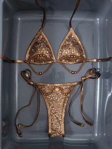 SHEIN Swim 2026 掛脖式亮片珍珠貝殼金箔網格微三角比基尼套裝 性感沙灘裝 - 棕色 - 查看 6