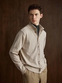 Manfinity CasualKnits 男士休閒純色開襟衫，秋冬百搭 - 杏色 - 查看 3