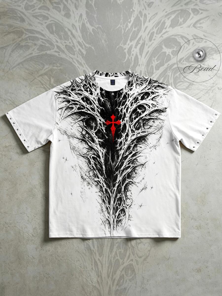 ROMWE MEN 2026 Summer New Men's T-Shirt Casual Fashion Punk Cool Street Style Short Sleeve Round Neck Top - White - View 1