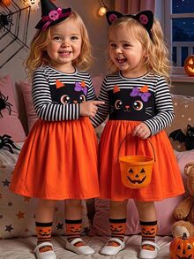 SHEIN Baby Girl Patchwork Striped Cartoon Print Round Neck Long Sleeve Casual Dress,Halloween - Multicolor - View 1