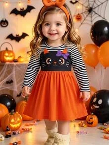 SHEIN Baby Girl Patchwork Striped Cartoon Print Round Neck Long Sleeve Casual Dress,Halloween - Multicolor - View 4