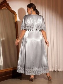 Cravure Elegant Fashion Party Lace Patchwork Satin Material Plus Size Women's Dress - Grey - View 2