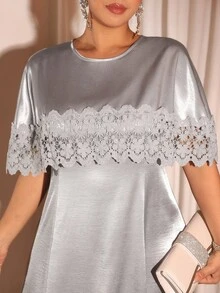 Cravure Elegant Fashion Party Lace Patchwork Satin Material Plus Size Women's Dress - Grey - View 7