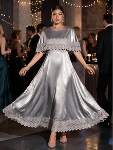 Cravure Elegant Fashion Party Lace Patchwork Satin Material Plus Size Women's Dress - Grey - View 1