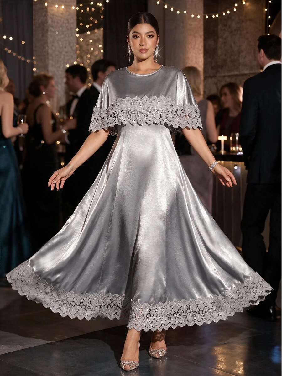 Cravure Elegant Fashion Party Lace Patchwork Satin Material Plus Size Women's Dress - Grey - View 1