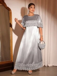 Cravure Elegant Fashion Party Lace Patchwork Satin Material Plus Size Women's Dress - Grey - View 5