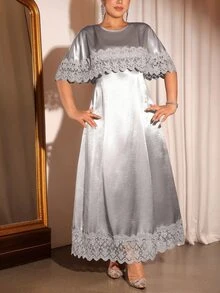 Cravure Elegant Fashion Party Lace Patchwork Satin Material Plus Size Women's Dress - Grey - View 4
