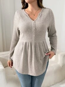 Shapeblank Women's Plus-Size Long-Sleeve T-Shirt – Apricot, Brushed Fabric, Stretchy & Comfortable – Stylish, Casual, Warm – Suitable For Autumn & Winter At Home - Apricot - View 3
