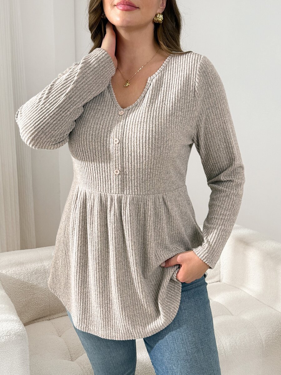 Shapeblank Women's Plus-Size Long-Sleeve T-Shirt – Apricot, Brushed Fabric, Stretchy & Comfortable – Stylish, Casual, Warm – Suitable For Autumn & Winter At Home - Apricot - View 1