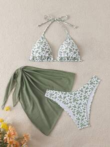 Swim Mod Women's Halter Backless Tie Bikini Top And Bottom Swimwear Set For Summer Beach Vacation - Green - View 1
