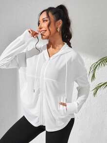 Eassivo Eassivo Drop Shoulder Zip Up Hooded Sports Jacket - White - View 5