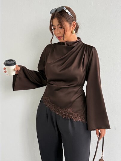 Firerie Plus Size Women's Solid Color Satin Draped Long Sleeve Blouse, Elegant Ruched Shirt With Asymmetrical Lace Hem, Suitable For Parties, Daily Casual Wear And Other Occasions