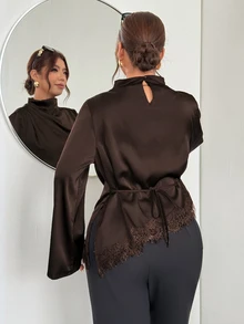 Firerie Plus Size Women's Solid Color Satin Draped Long Sleeve Blouse, Elegant Ruched Shirt With Asymmetrical Lace Hem, Suitable For Parties, Daily Casual Wear And Other Occasions - Coffee Brown - View 3