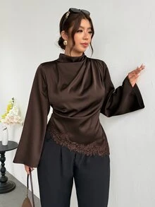 Firerie Plus Size Women's Solid Color Satin Draped Long Sleeve Blouse, Elegant Ruched Shirt With Asymmetrical Lace Hem, Suitable For Parties, Daily Casual Wear And Other Occasions - Coffee Brown - View 8