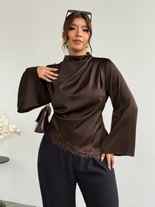 Firerie Plus Size Women's Solid Color Satin Draped Long Sleeve Blouse, Elegant Ruched Shirt With Asymmetrical Lace Hem, Suitable For Parties, Daily Casual Wear And Other Occasions - Coffee Brown - View 7