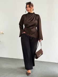 Firerie Plus Size Women's Solid Color Satin Draped Long Sleeve Blouse, Elegant Ruched Shirt With Asymmetrical Lace Hem, Suitable For Parties, Daily Casual Wear And Other Occasions - Coffee Brown - View 5