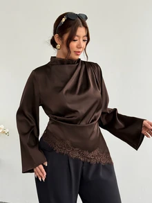 Firerie Plus Size Women's Solid Color Satin Draped Long Sleeve Blouse, Elegant Ruched Shirt With Asymmetrical Lace Hem, Suitable For Parties, Daily Casual Wear And Other Occasions - Coffee Brown - View 4