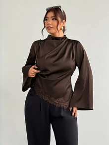 Firerie Plus Size Women's Solid Color Satin Draped Long Sleeve Blouse, Elegant Ruched Shirt With Asymmetrical Lace Hem, Suitable For Parties, Daily Casual Wear And Other Occasions - Coffee Brown - View 6