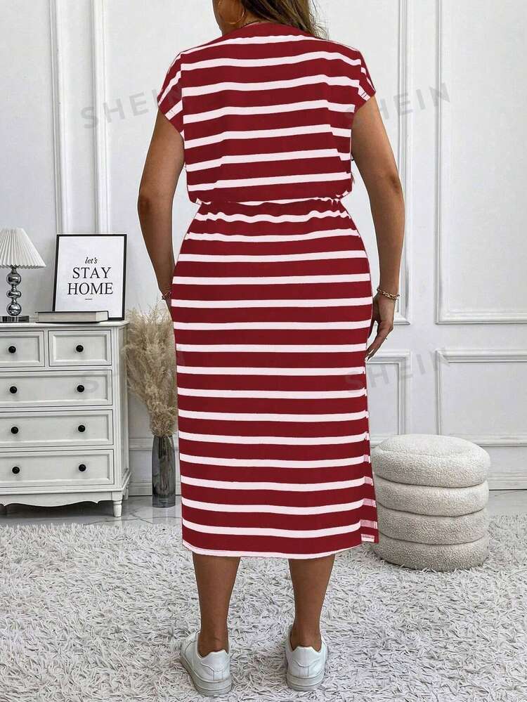 Vionelle Plus Size Knitted Striped Round Neck Puff Sleeve Bodycon Split Drawstring Mid-Calf Casual Dress, Autumn/Winter, For Thanksgiving Maxi Women Outfit - Burgundy - View 2