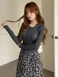 K-Vae Women's Sexy Lace Trim Round Neck Knitted Cardigan, Slim Fit Ribbed Long Sleeve Base Layer Top - Grey - View 5
