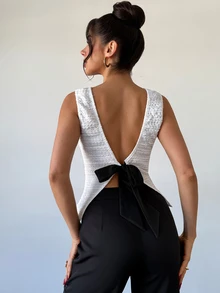 RiviMae Women's Backless Tie Design Round Neck Sleeveless Blouse - White - View 3