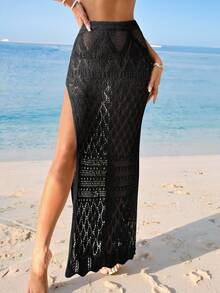 Swim Vcay Summer Beach Women's High Side Split Cover Up Skirt - Black - View 3