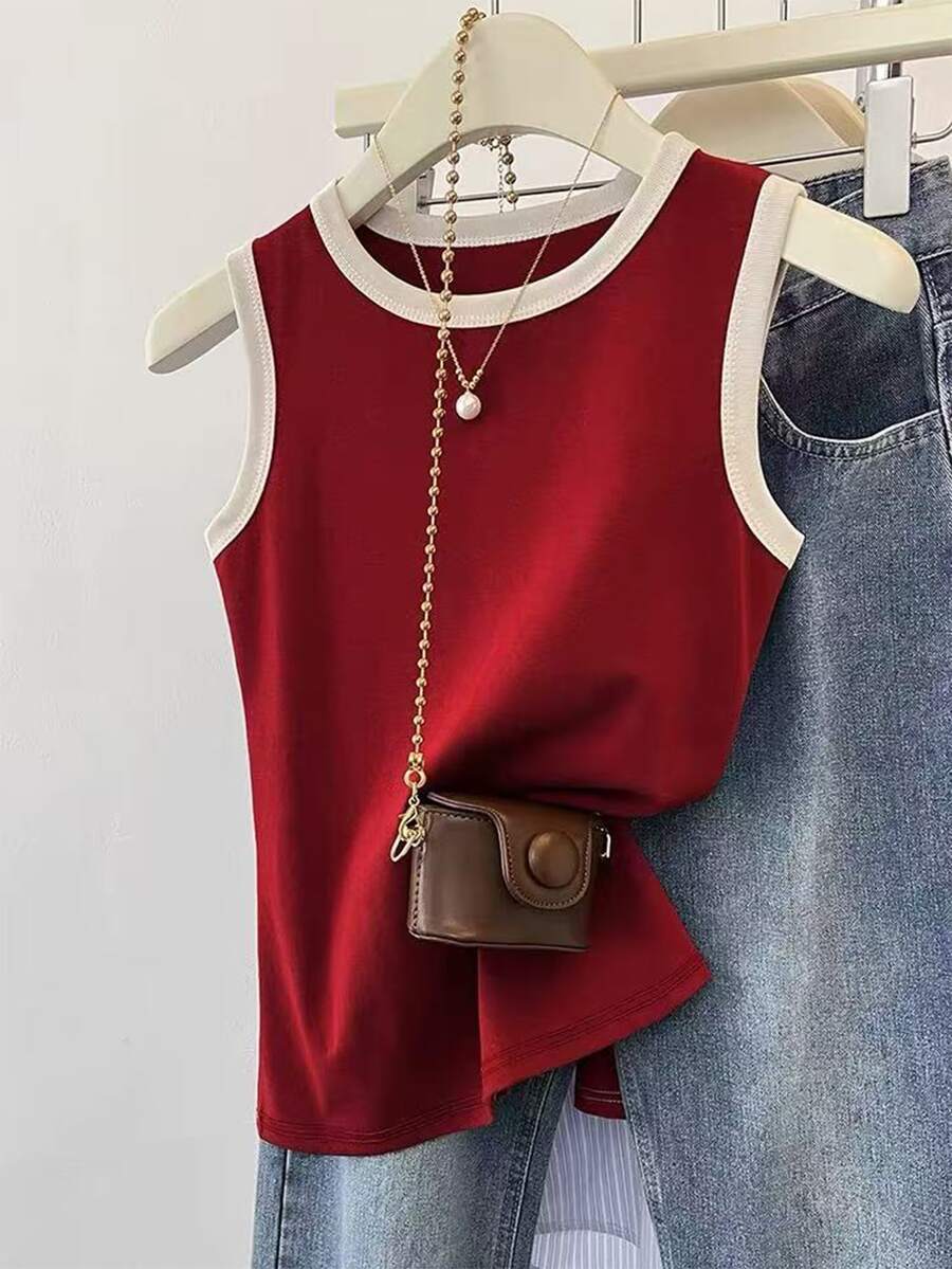 INAWLY Women's Casual Contrast Trim Round Neck Tank Top, Suitable For Everyday Wear In Summer - Red - View 1