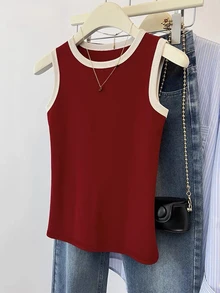 INAWLY Women's Casual Contrast Trim Round Neck Tank Top, Suitable For Everyday Wear In Summer - Red - View 4