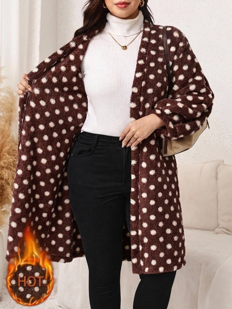 Easowa Curve Plus Size Women's Polka Dot Pattern Long Sleeve Loose Open Front Cardigan Winter - Mocha Brown - View 1