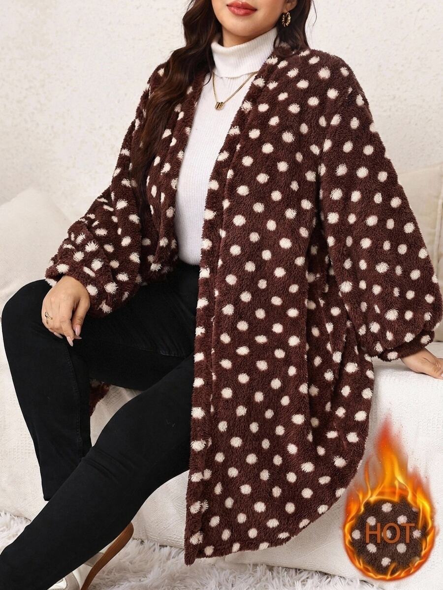 Easowa Curve Plus Size Women's Polka Dot Pattern Long Sleeve Loose Open Front Cardigan Winter - Mocha Brown - View 1