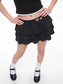 Bloopia Rok Kue Bergaris Hitam Putih Motif Hati dengan Hiasan Berlian Imitasi, Cocok untuk Kencan, Sehari-hari, Sekolah, Musim Gugur, Gaya Preppy 90-an, 2000-an, Y2K, Halloween, Konser Rock - Hitam - View 7