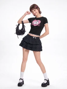 Bloopia Rok Kue Bergaris Hitam Putih Motif Hati dengan Hiasan Berlian Imitasi, Cocok untuk Kencan, Sehari-hari, Sekolah, Musim Gugur, Gaya Preppy 90-an, 2000-an, Y2K, Halloween, Konser Rock - Hitam - View 8