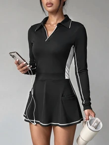 SHEIN Dewbera فستان رياضي نسائي بتصميم ألوان متباينة وياقة وطول كم طويل وجيب مع شورت - أبيض وأسود - مشاهدة 3