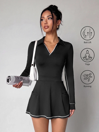 SHEIN Dewbera فستان رياضي نسائي بتصميم ألوان متباينة وياقة وطول كم طويل وجيب مع شورت