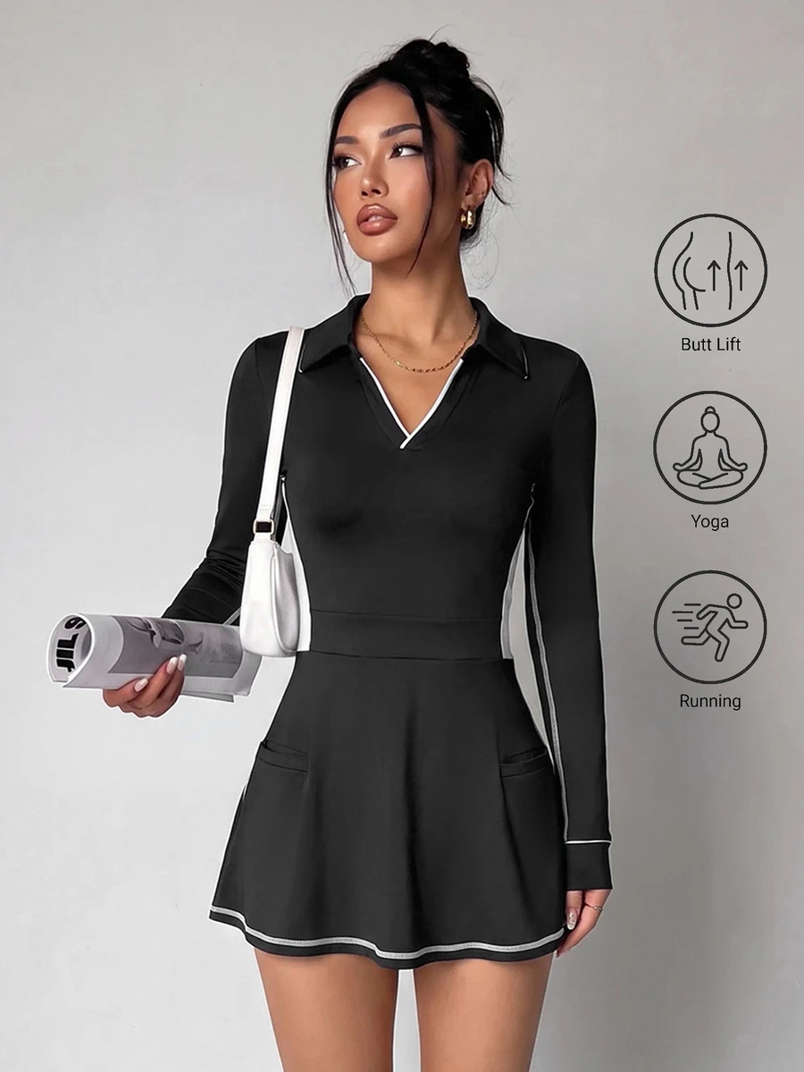 SHEIN Dewbera فستان رياضي نسائي بتصميم ألوان متباينة وياقة وطول كم طويل وجيب مع شورت - أبيض وأسود - مشاهدة 1